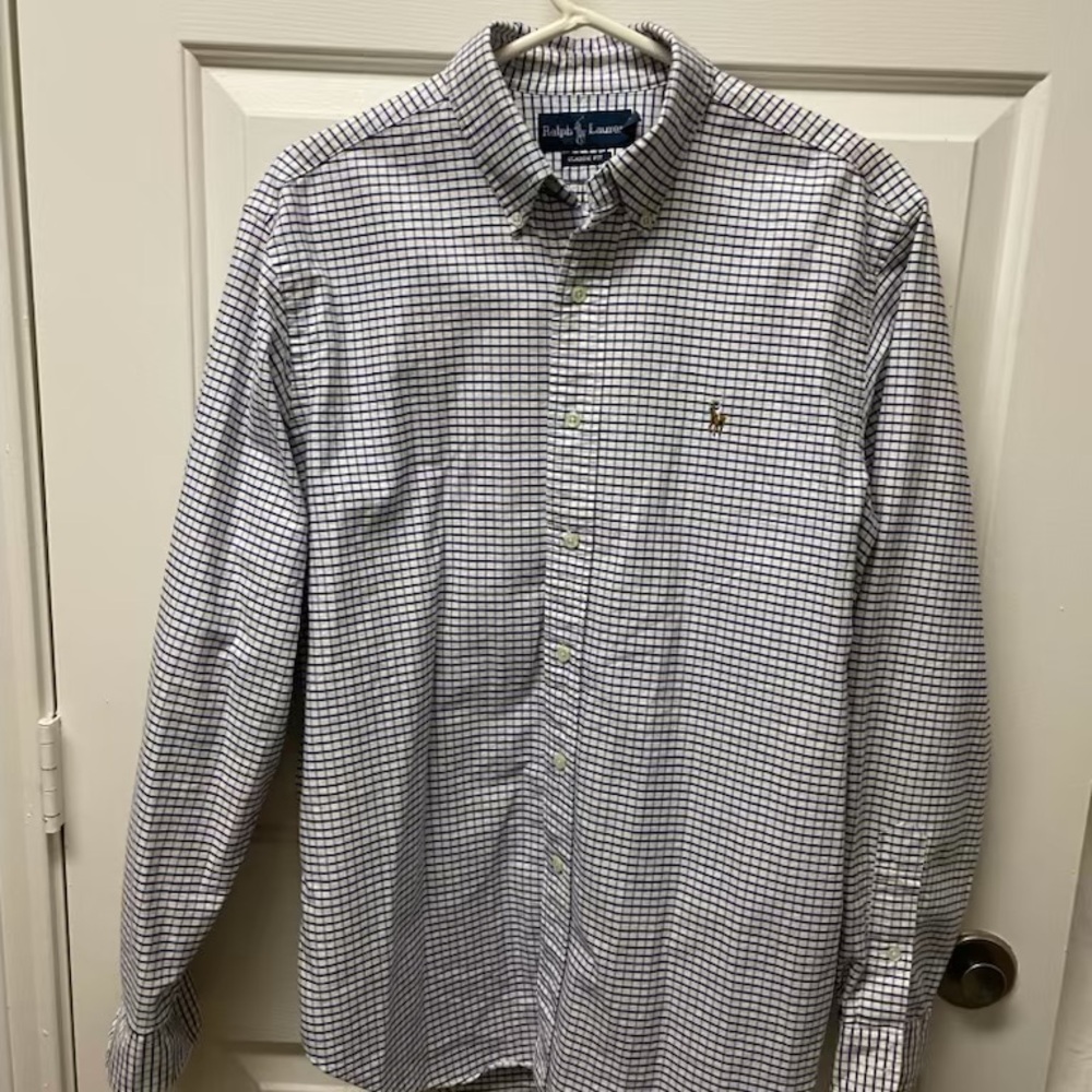 Ralph Lauren Men's Blue and White Checkered Casual Button Down Shirt